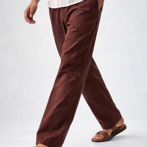 Cocoa Brown Linen Straight-Fit Trousers