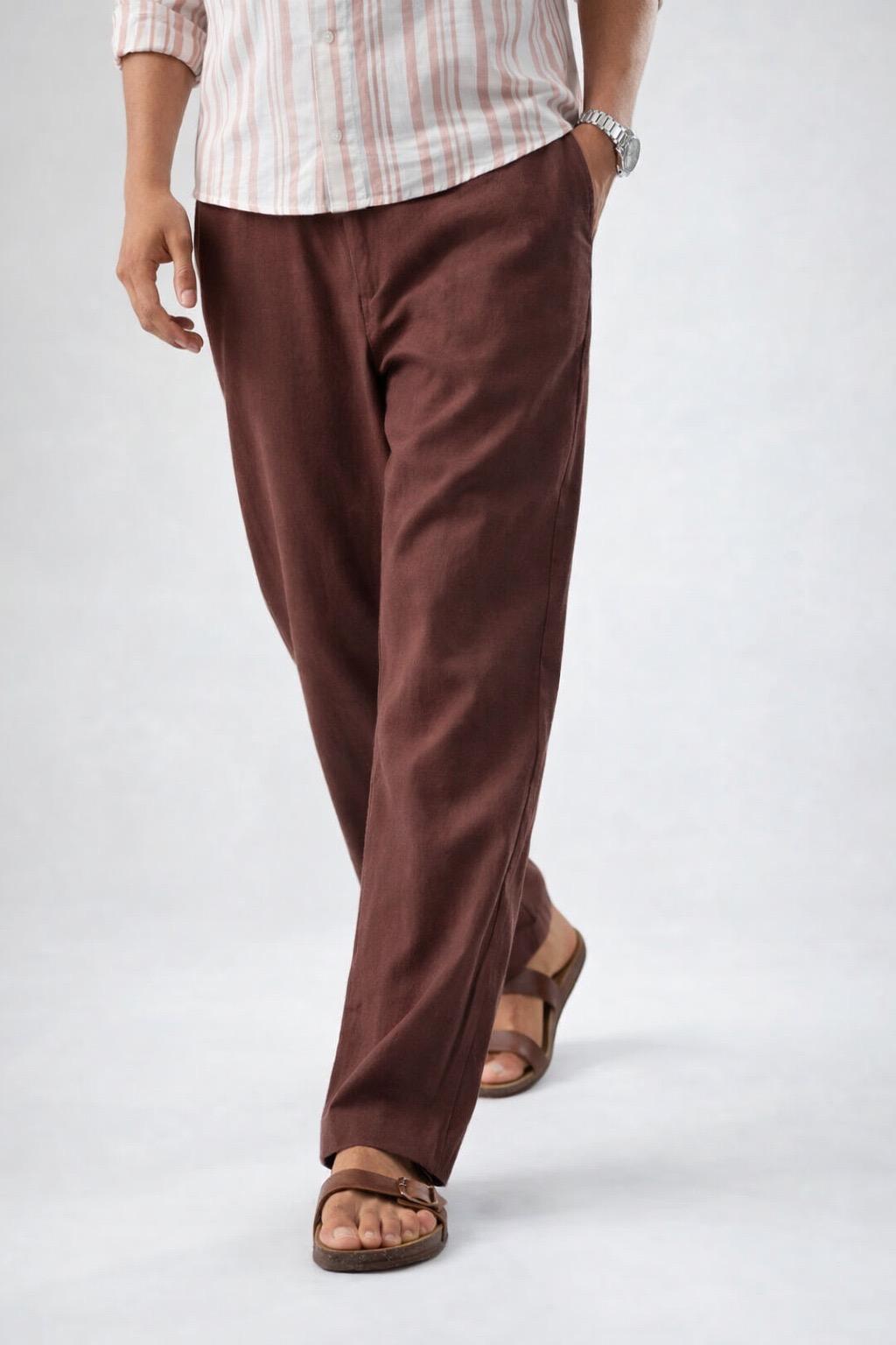 Cocoa Brown Linen Straight-Fit Trousers