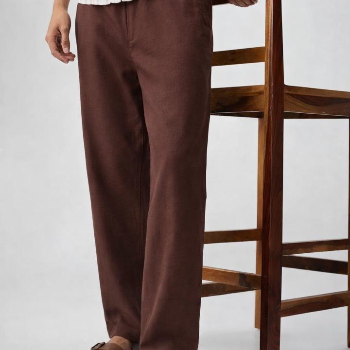 Cocoa Brown Linen Straight-Fit Trousers
