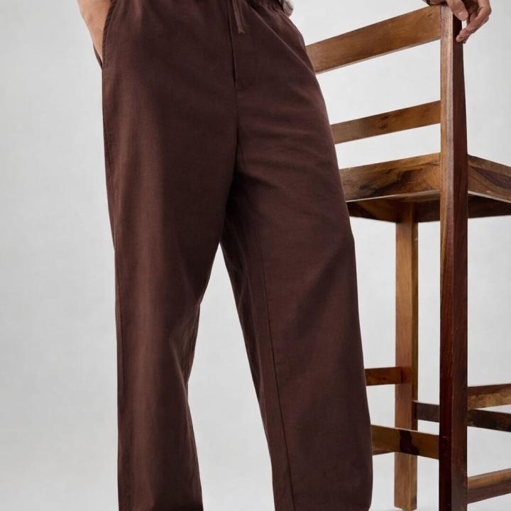 Cocoa Brown Linen Straight-Fit Trousers