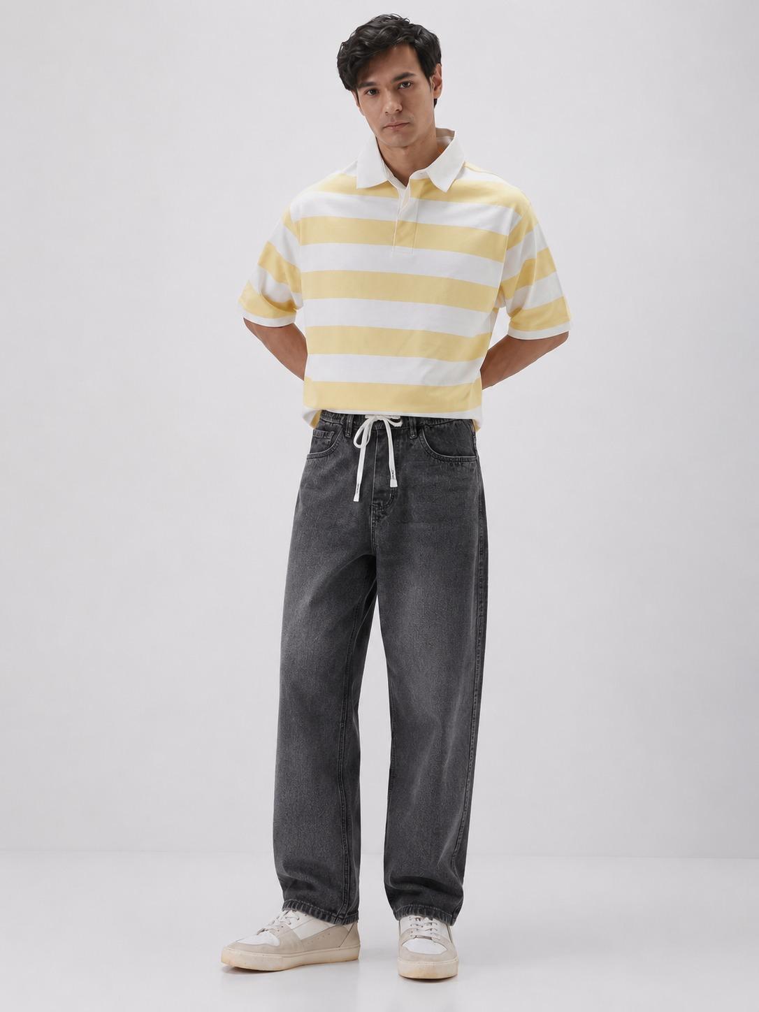 Men’s Washed Grey Baggy Fit Drawstring Jeans