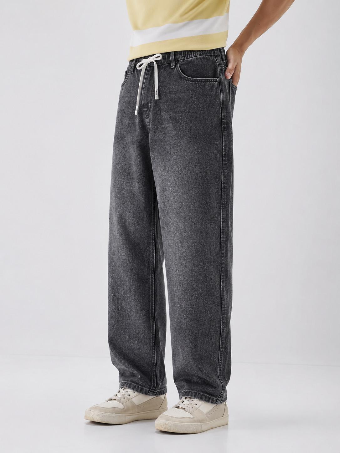 Men’s Washed Grey Baggy Fit Drawstring Jeans