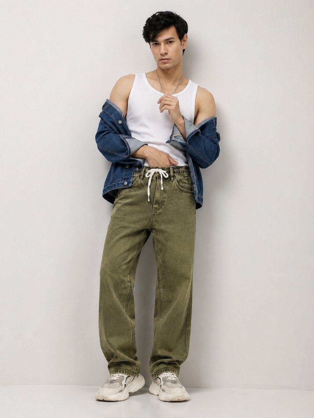 Vintage Olive Baggy Fit Drawstring Jeans