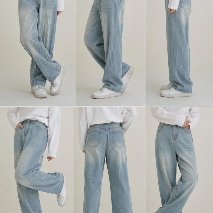 Light Ice Blue Vintage Wash Wide-Leg Baggy Jeans