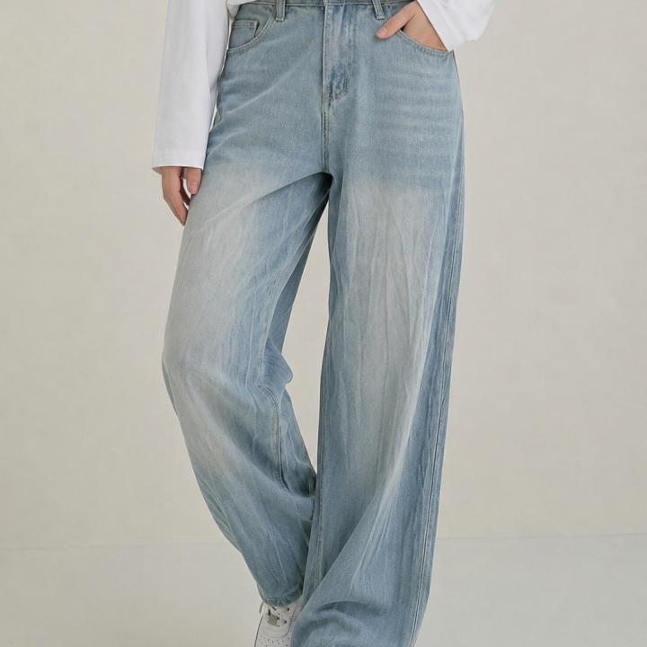 Light Ice Blue Vintage Wash Wide-Leg Baggy Jeans