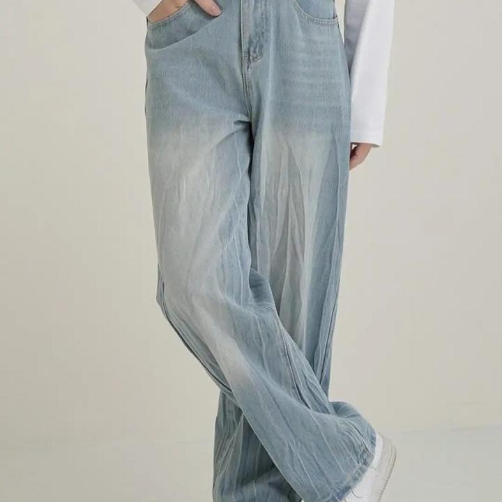Light Ice Blue Vintage Wash Wide-Leg Baggy Jeans