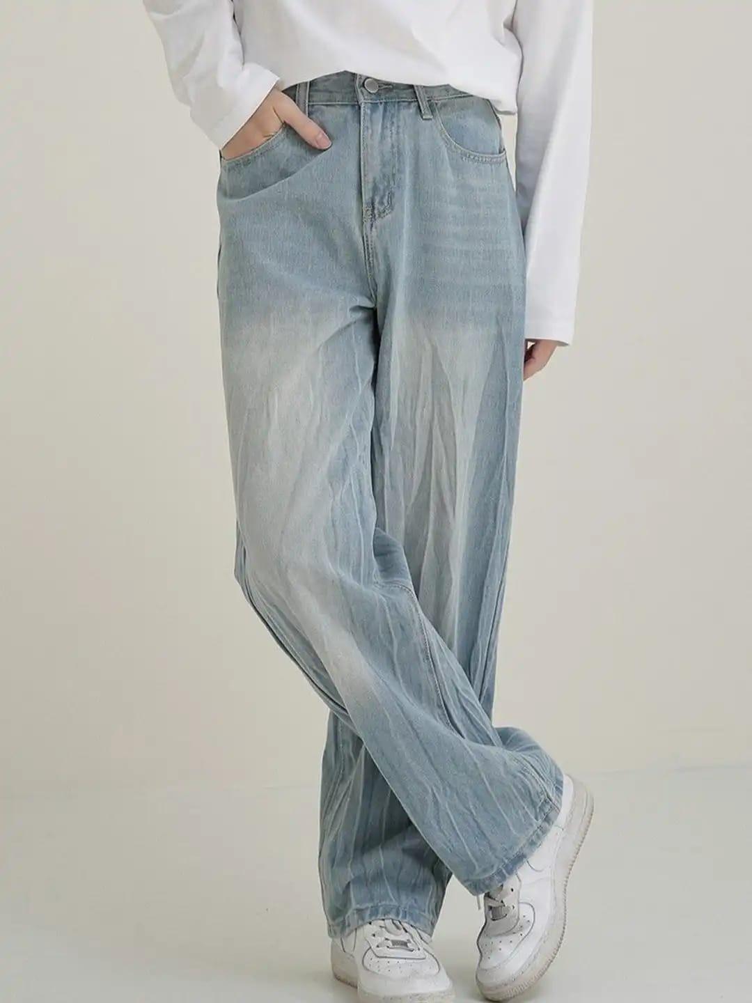 Light Ice Blue Vintage Wash Wide-Leg Baggy Jeans