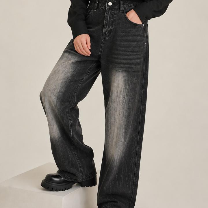Black Vintage Washed Wide-Leg Baggy Jeans