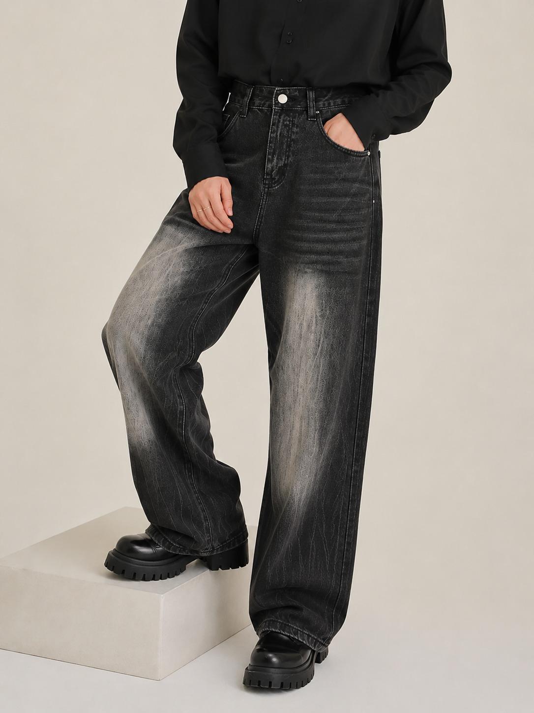 Black Vintage Washed Wide-Leg Baggy Jeans