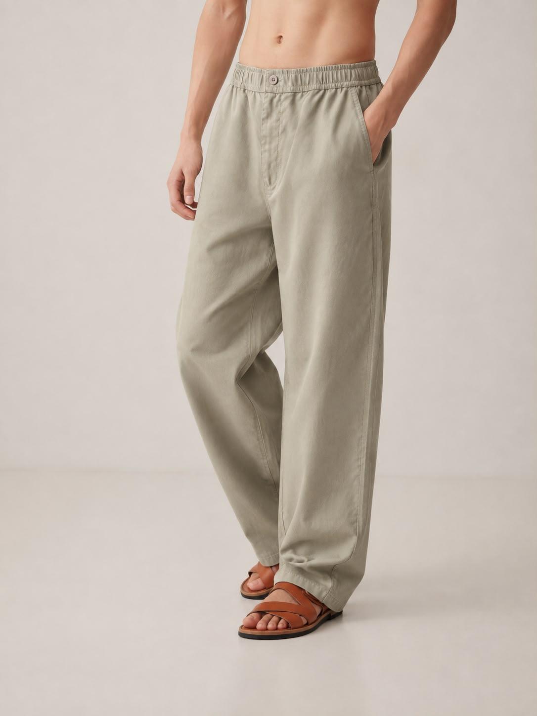 Linen Olive Green Relaxed-Fit Trousers
