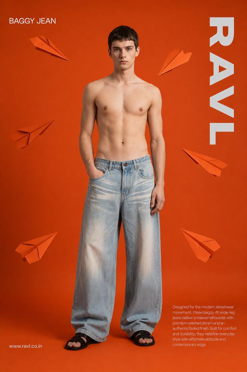Light Blue Washed Wide-Leg Baggy Jeans