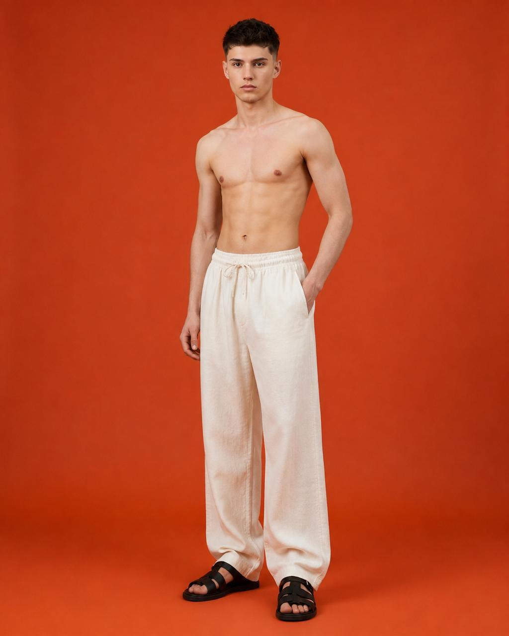 Half White Relaxed Fit Linen Pants