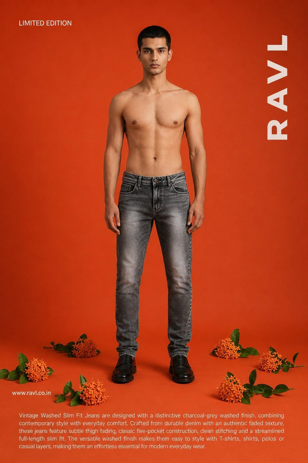 Vintage Washed Charcoal Grey Slim Fit Jeans