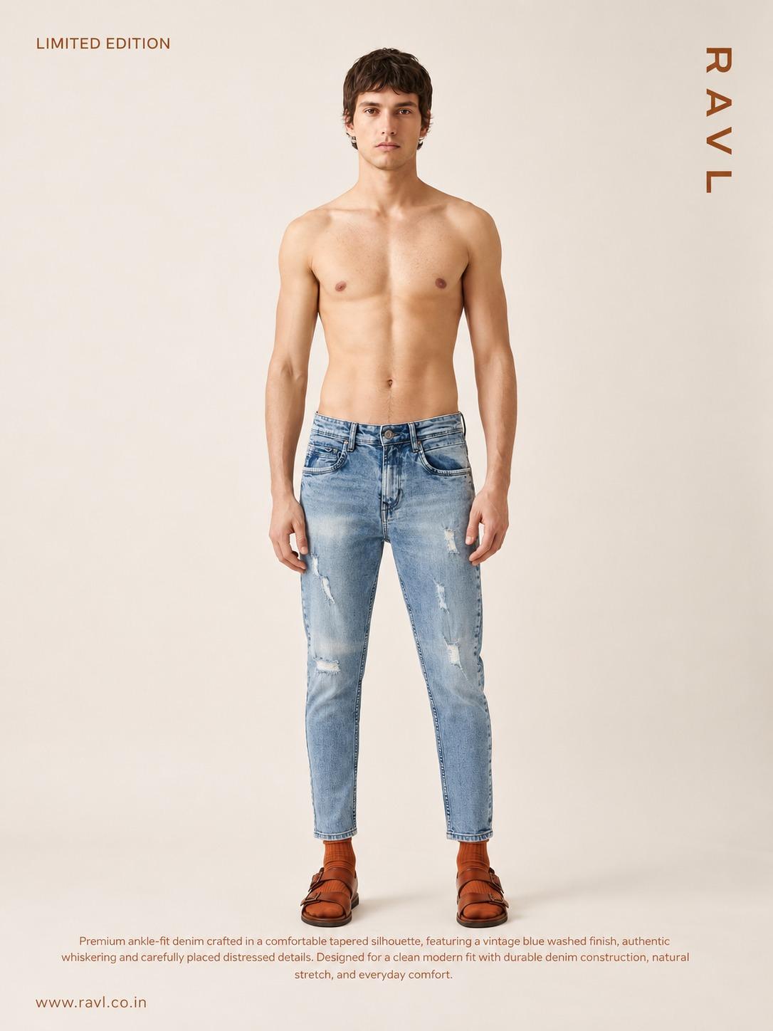 Light Blue Washed Distressed Ankle-Fit Tapered Jeans