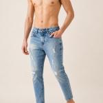 Light Blue Washed Distressed Ankle-Fit Tapered Jeans