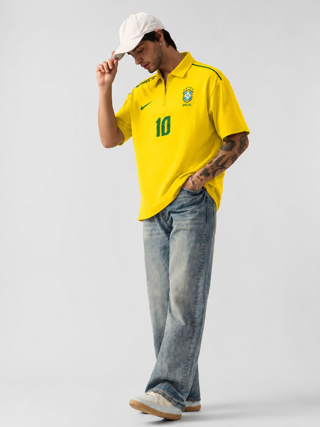 Yellow Football-Inspired Oversized  Half Sleeve Zip Polo T-Shirt