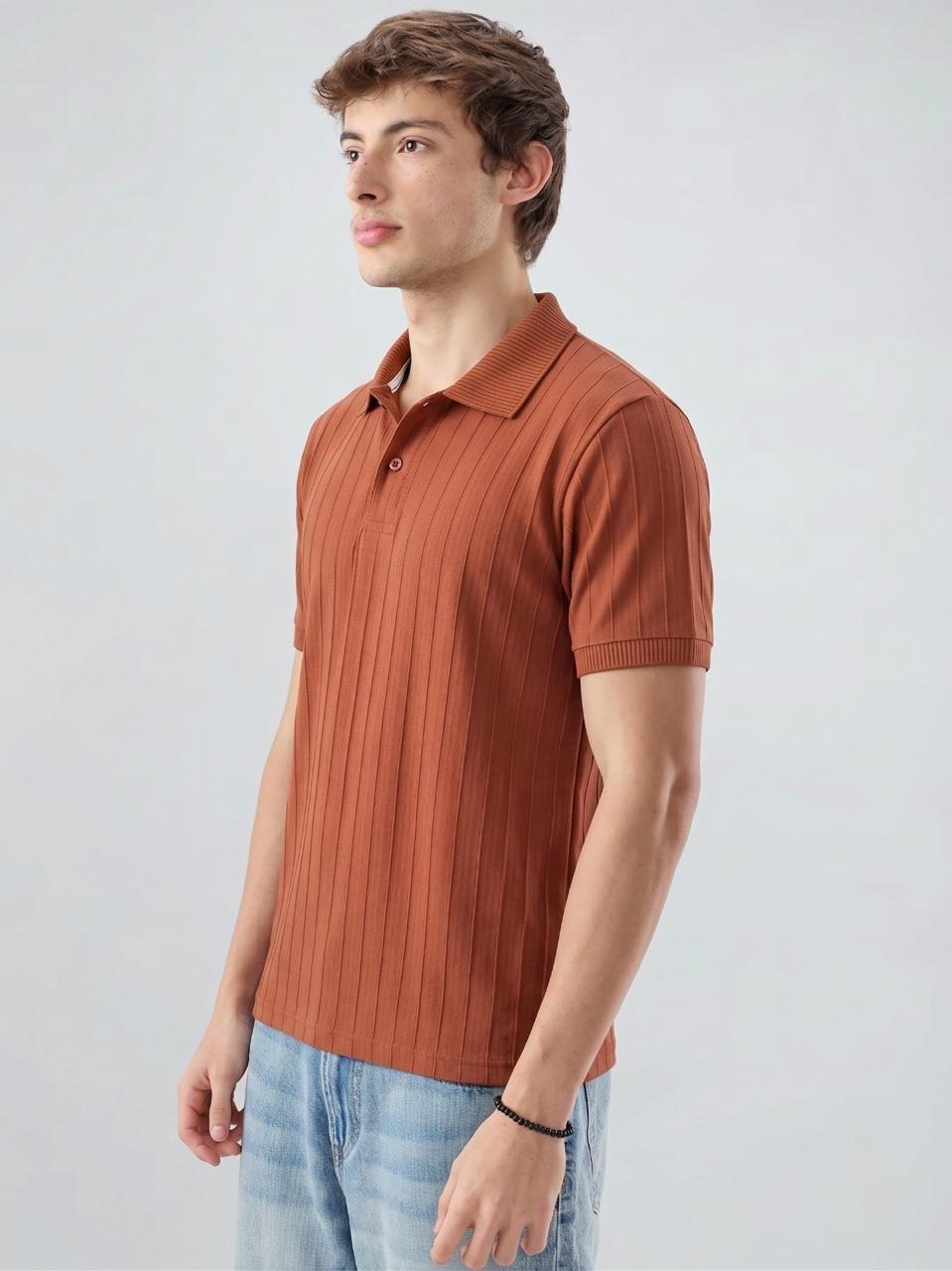 Rust Brown Ribbed Polo T-Shirt