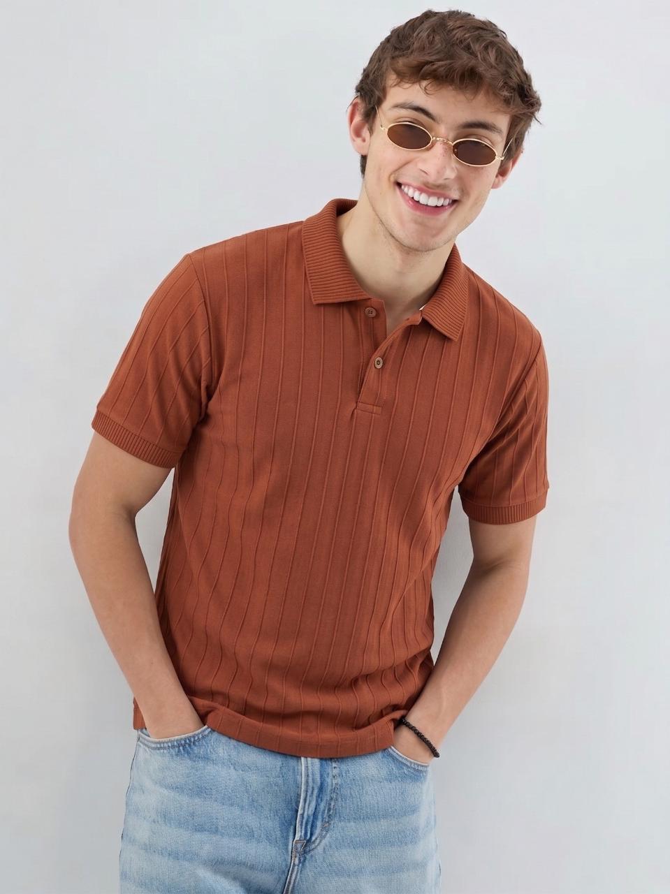 Rust Brown Ribbed Polo T-Shirt