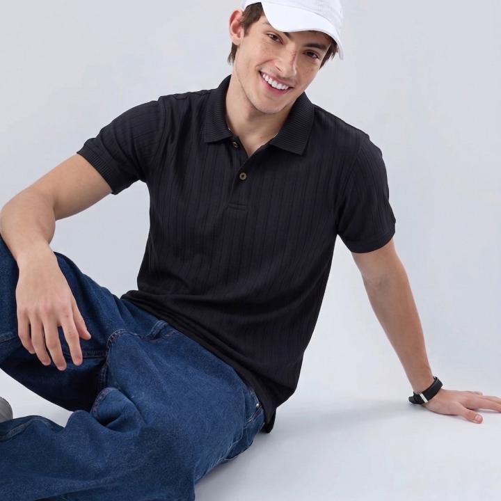 Black Ribbed Polo T-Shirt