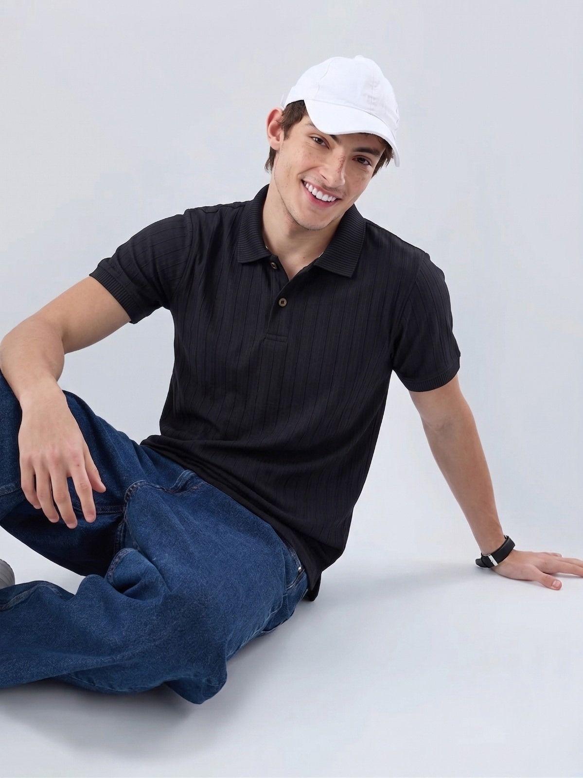 Black Ribbed Polo T-Shirt