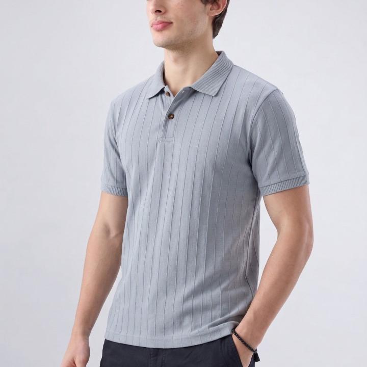 Silver Grey Ribbed Polo T-Shirt