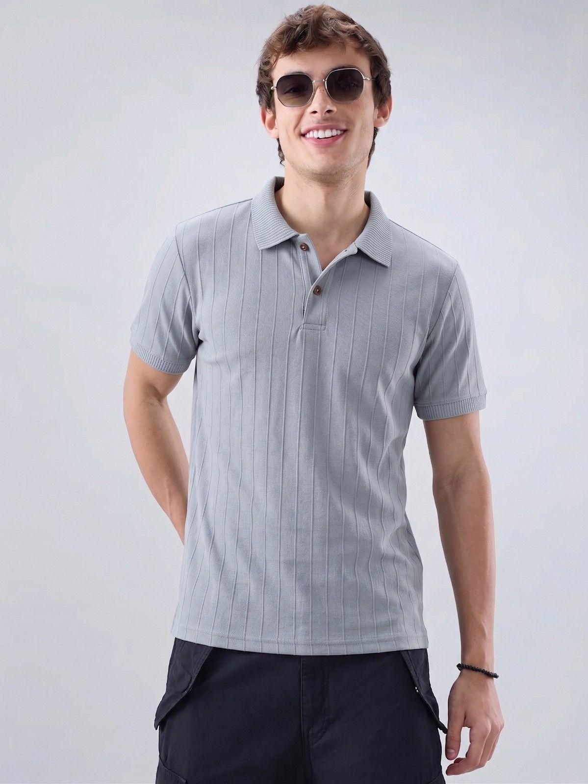 Silver Grey Ribbed Polo T-Shirt