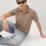 Taupe Brown Ribbed Polo T-Shirt