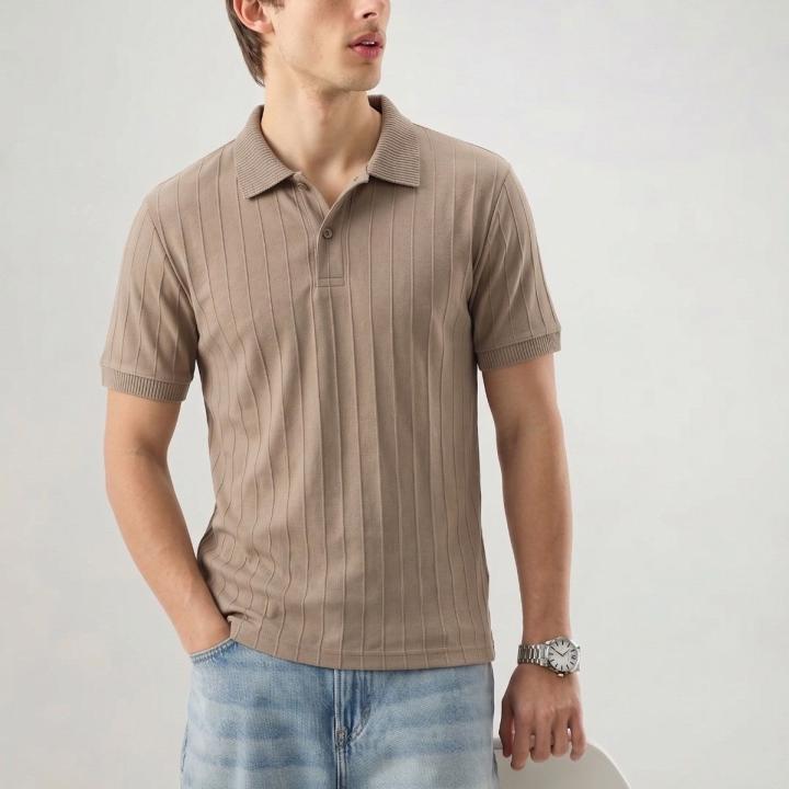 Taupe Brown Ribbed Polo T-Shirt