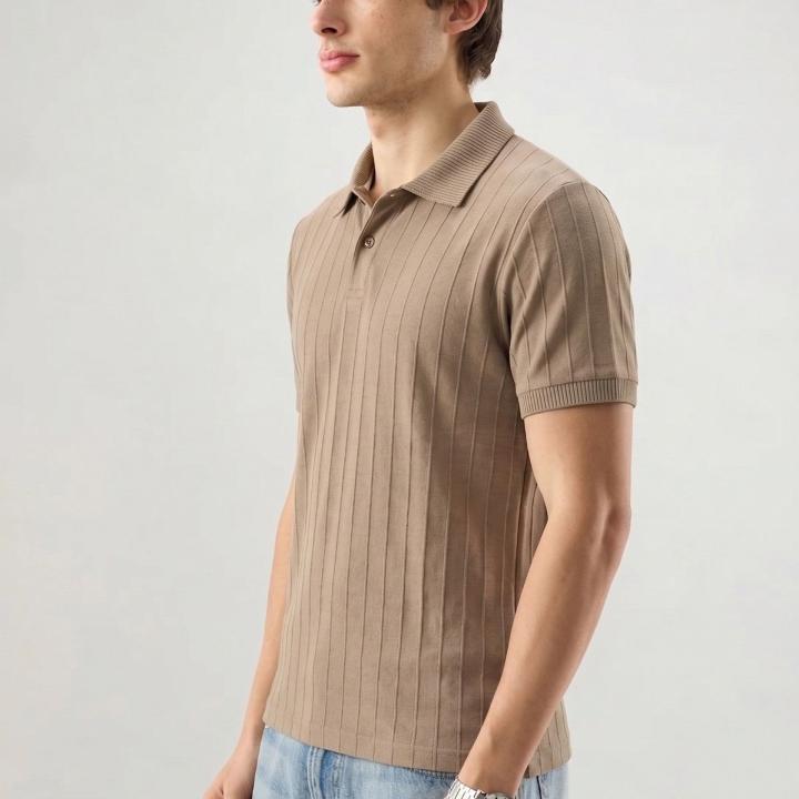 Taupe Brown Ribbed Polo T-Shirt