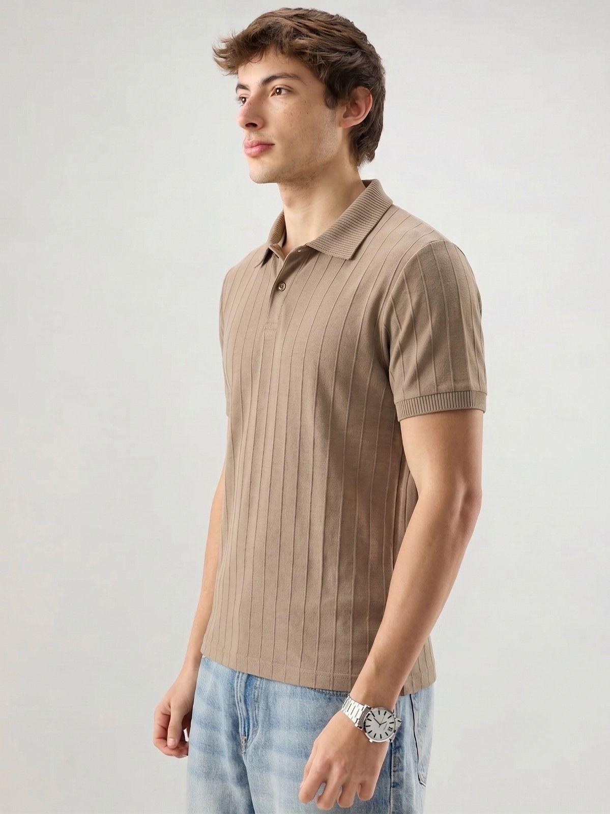 Taupe Brown Ribbed Polo T-Shirt