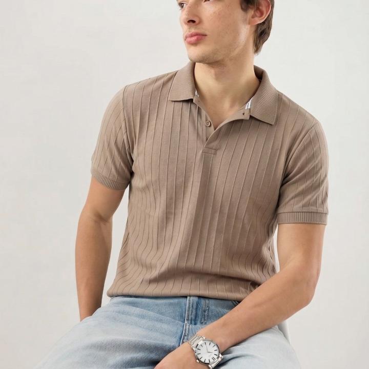 Taupe Brown Ribbed Polo T-Shirt