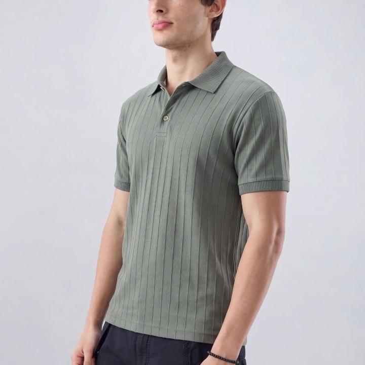 Olive Green Ribbed Polo T-Shirt