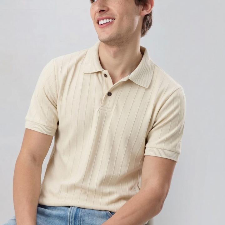 Cream Beige Ribbed Polo T-Shirt