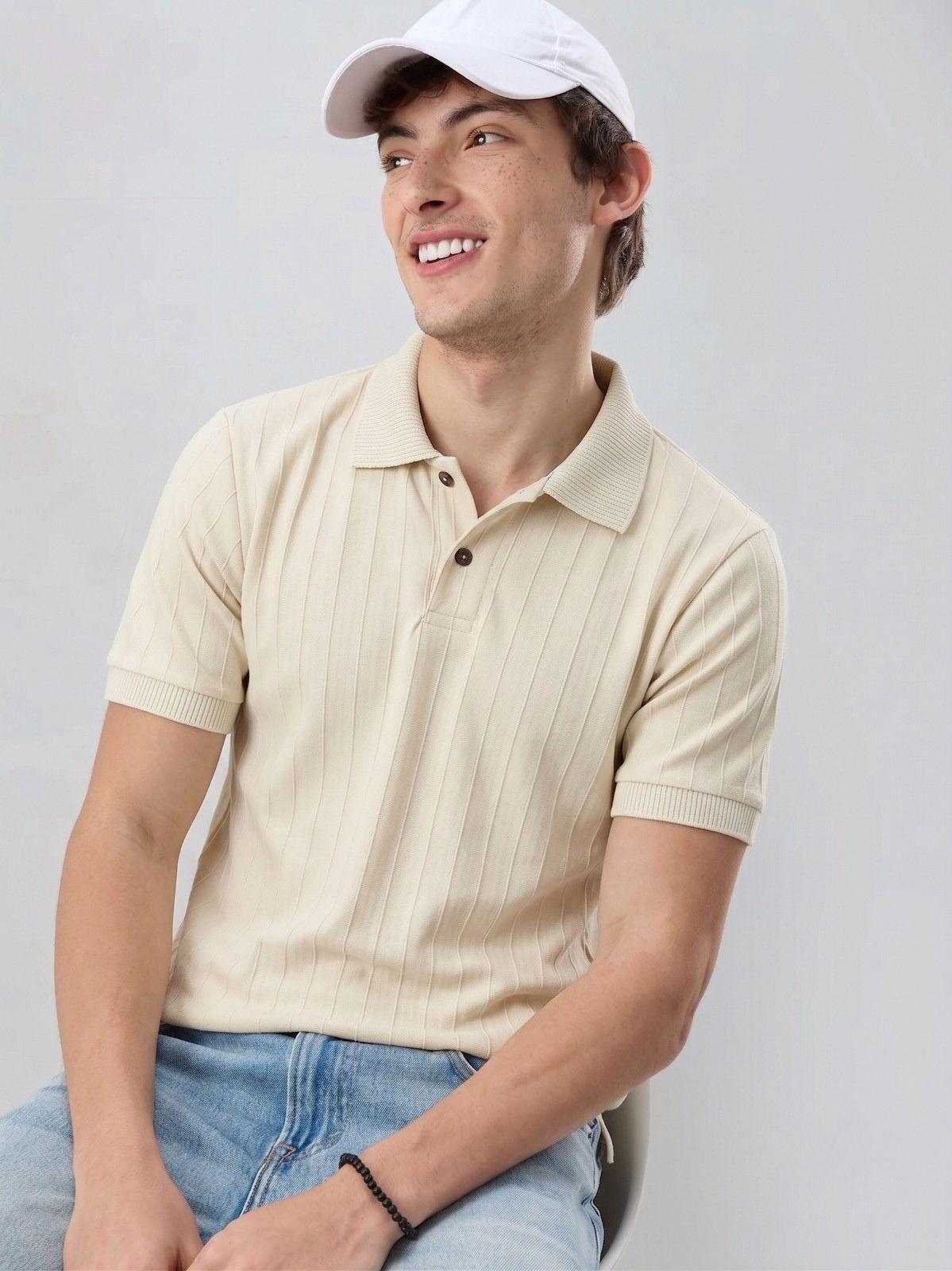 Cream Beige Ribbed Polo T-Shirt