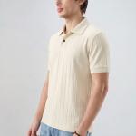 Cream Beige Ribbed Polo T-Shirt