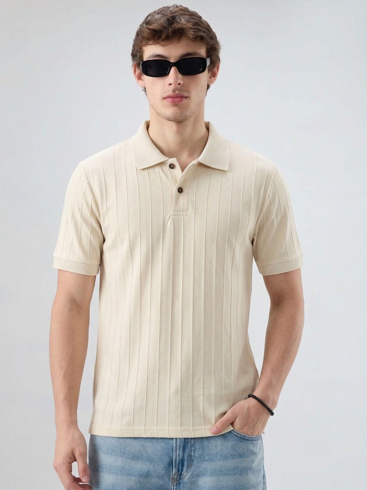 Cream Beige Ribbed Polo T-Shirt