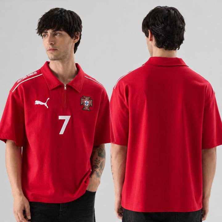 Red Football-Inspired Oversized Half Sleeve Zip Polo T-Shirt