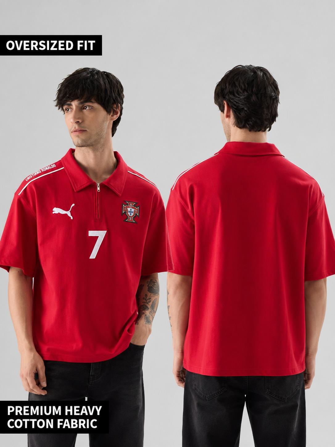 Red Football-Inspired Oversized Half Sleeve Zip Polo T-Shirt