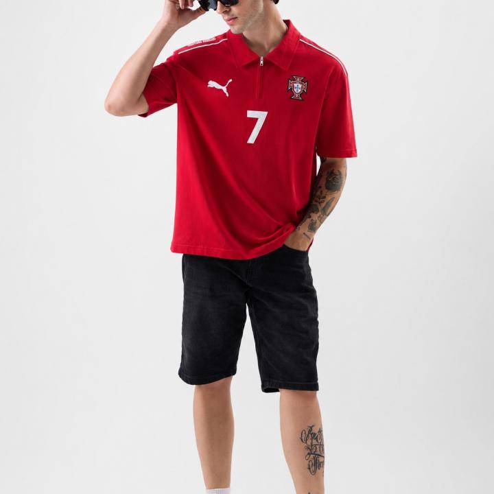 Red Football-Inspired Oversized Half Sleeve Zip Polo T-Shirt