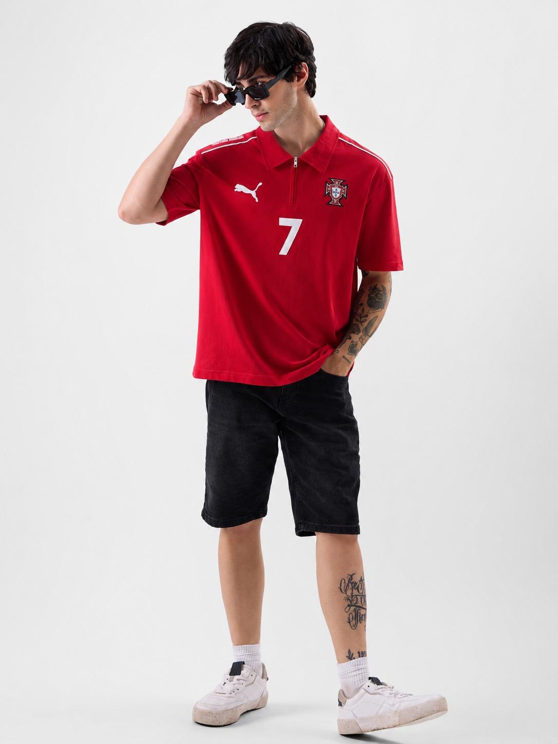 Red Football-Inspired Oversized Half Sleeve Zip Polo T-Shirt