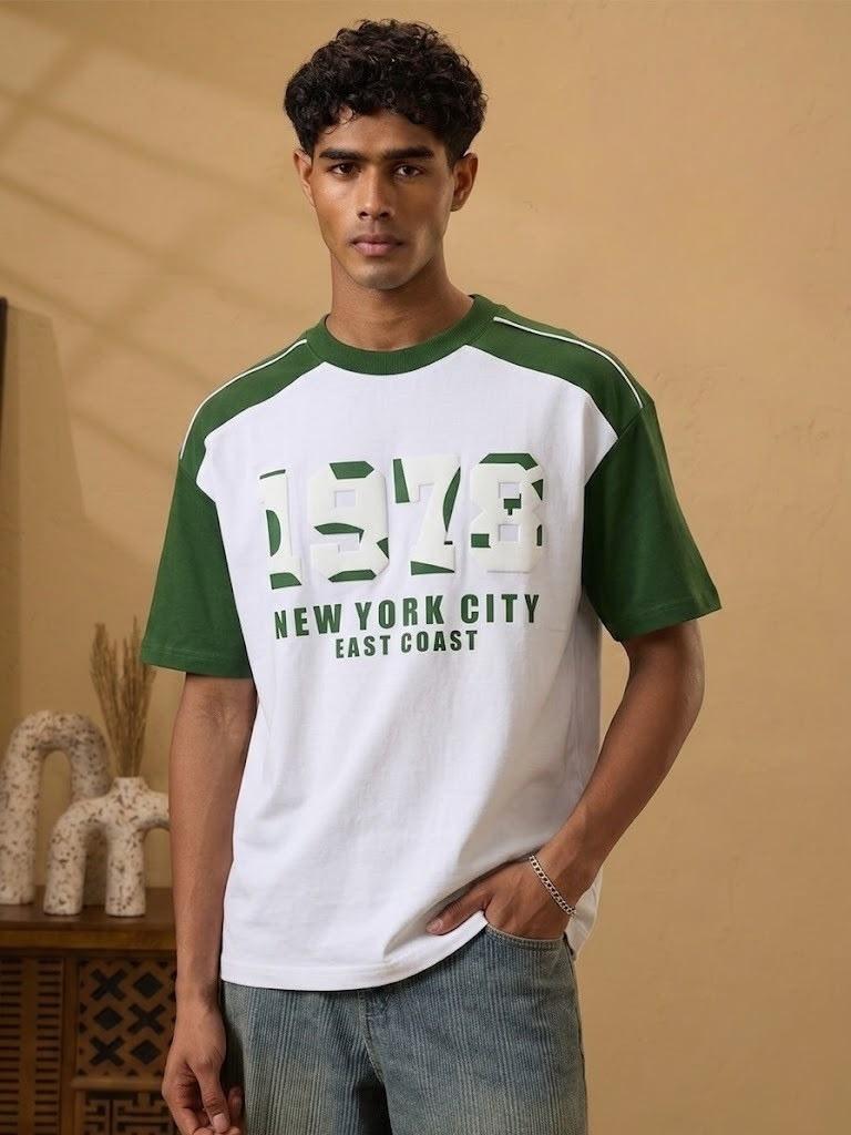 White & Forest Green Graphic Oversized Casual Half Sleeve T-Shirt