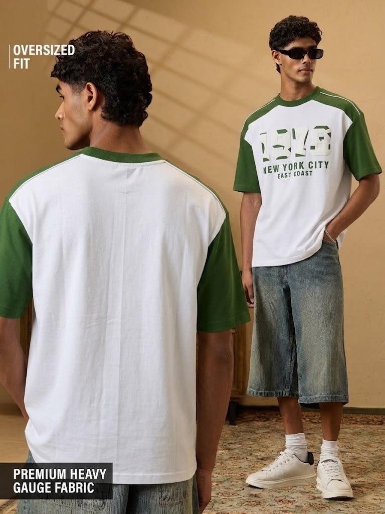 White & Forest Green Graphic Oversized Casual Half Sleeve T-Shirt