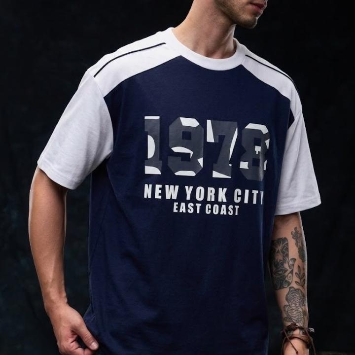 Navy Blue & White Graphic Oversized Casual Half Sleeve T-Shirt