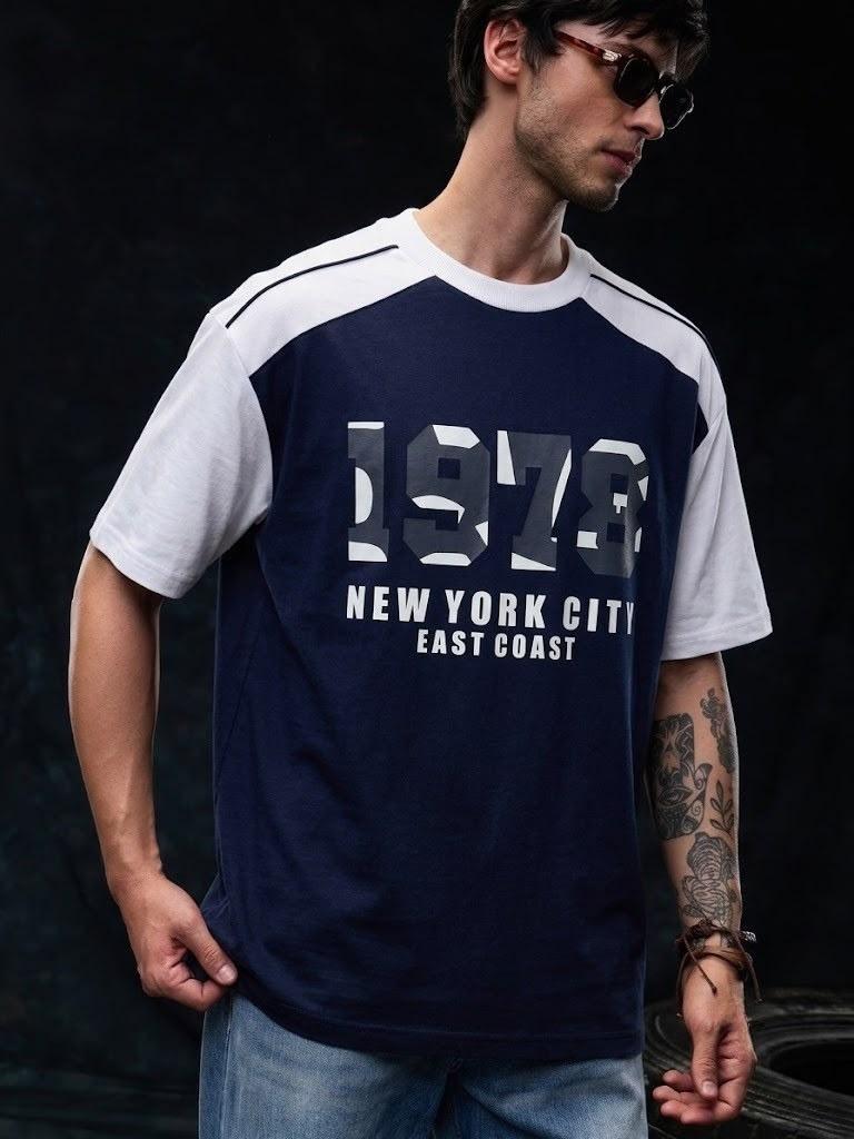 Navy Blue & White Graphic Oversized Casual Half Sleeve T-Shirt
