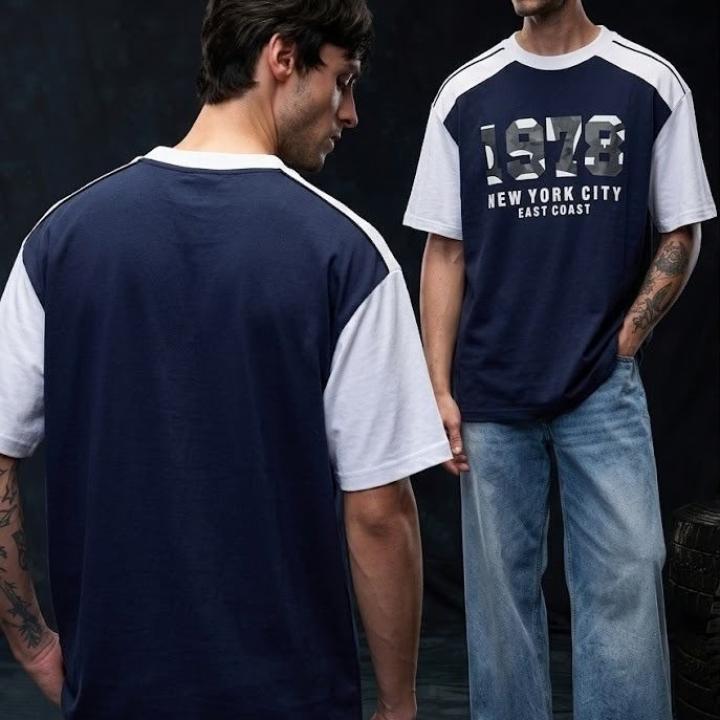 Navy Blue & White Graphic Oversized Casual Half Sleeve T-Shirt