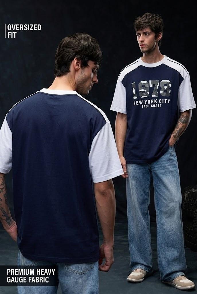 Navy Blue & White Graphic Oversized Casual Half Sleeve T-Shirt