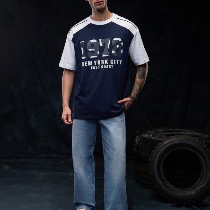 Navy Blue & White Graphic Oversized Casual Half Sleeve T-Shirt