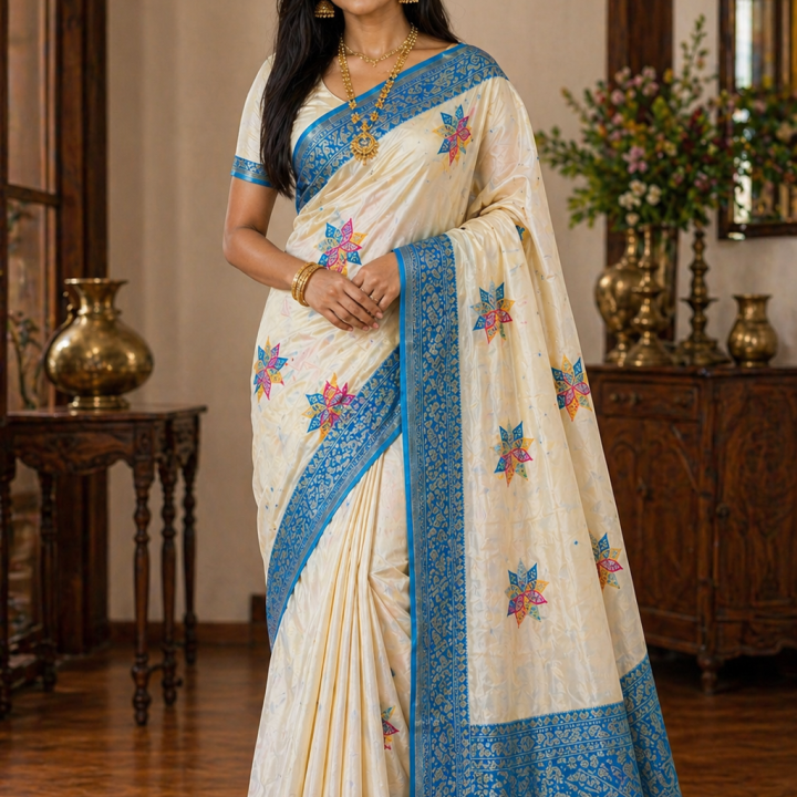 Ivory Blue Meena Tissue Silk Saree