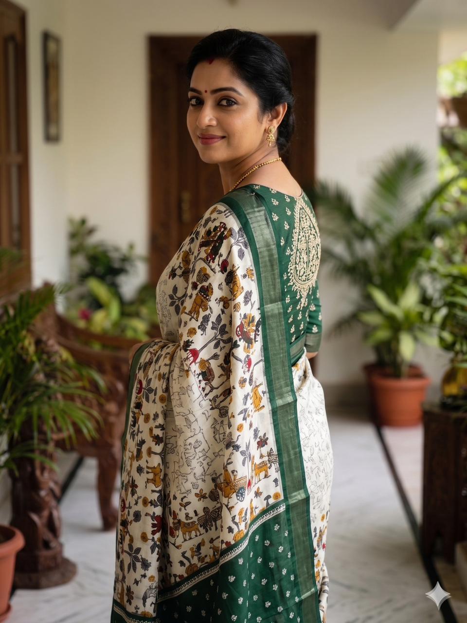 Heritage Grace: Kalamkari-Inspired Cotton Silk Saree in Elegant Green