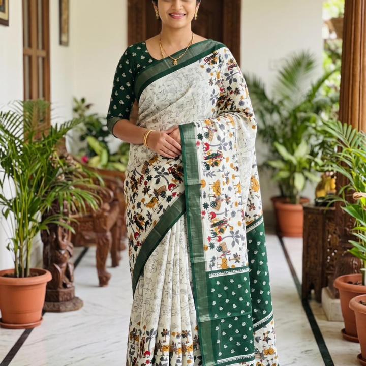 Heritage Grace: Kalamkari-Inspired Cotton Silk Saree in Elegant Green